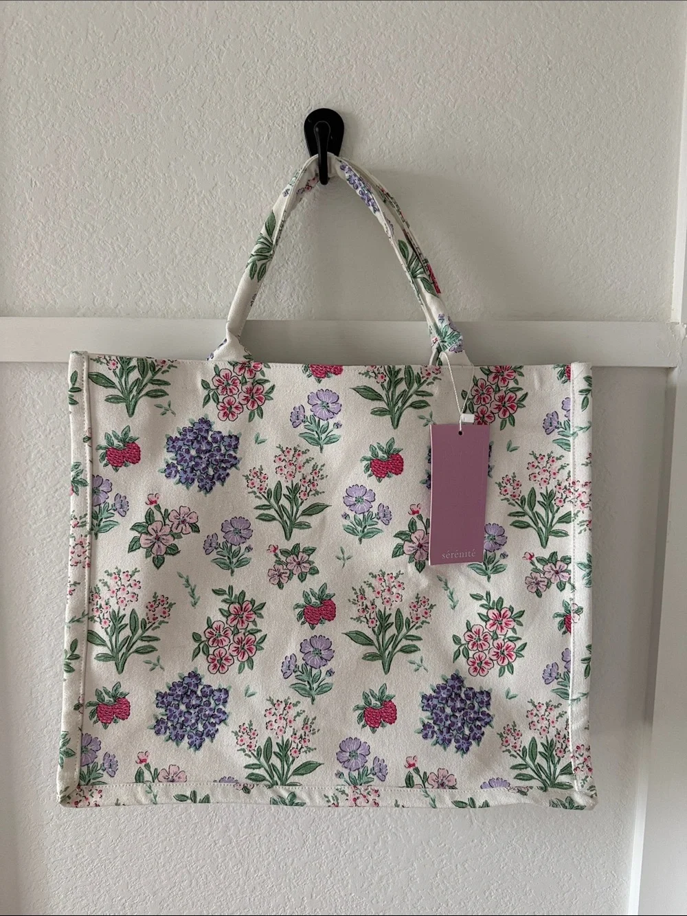 NWT Floral Canvas Tote Bag in Cream with Purple & Pink Flowers